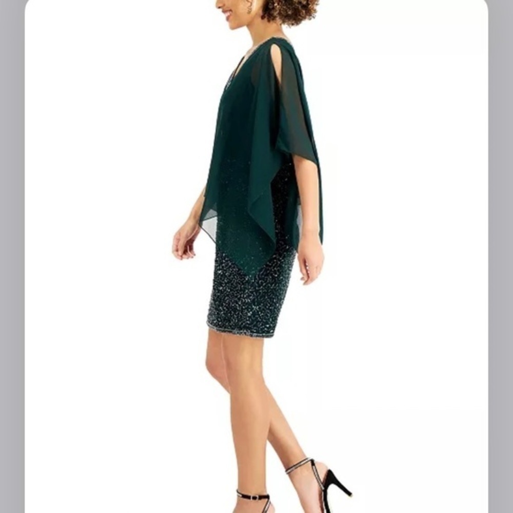 J Kara Asymmetrical-Overlay Embellished Dress in Hunter Green - Picture 3 of 11